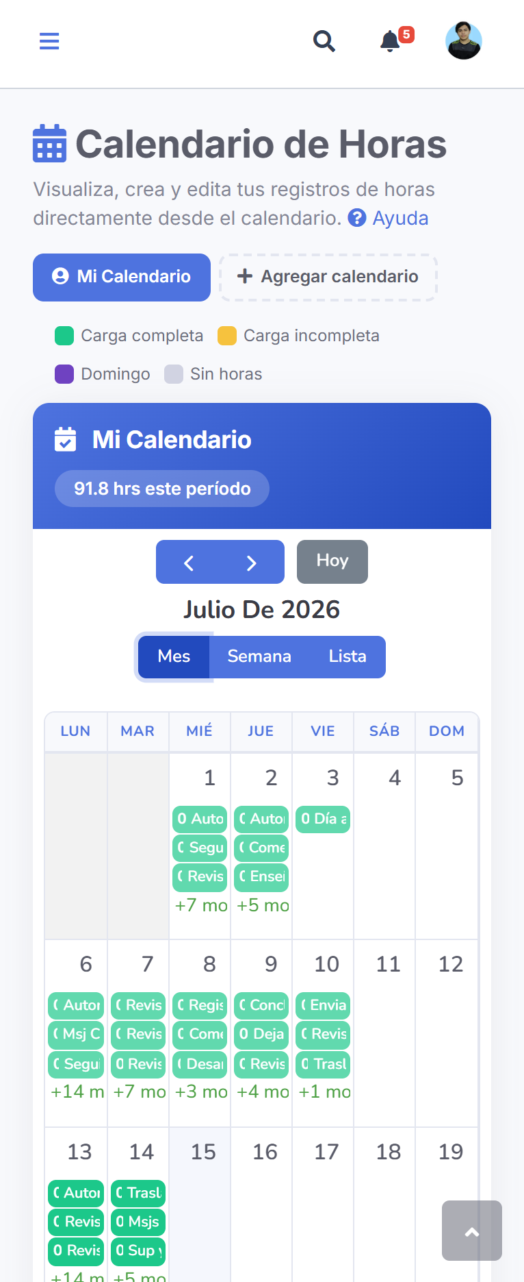 Calendario de horas